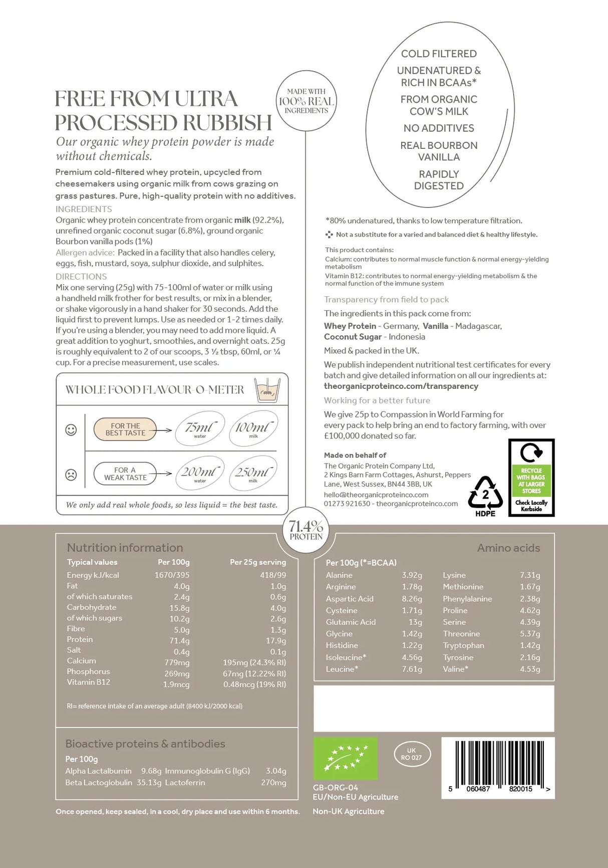 The Organic Protein Co Vanilla Whey Protein 400g