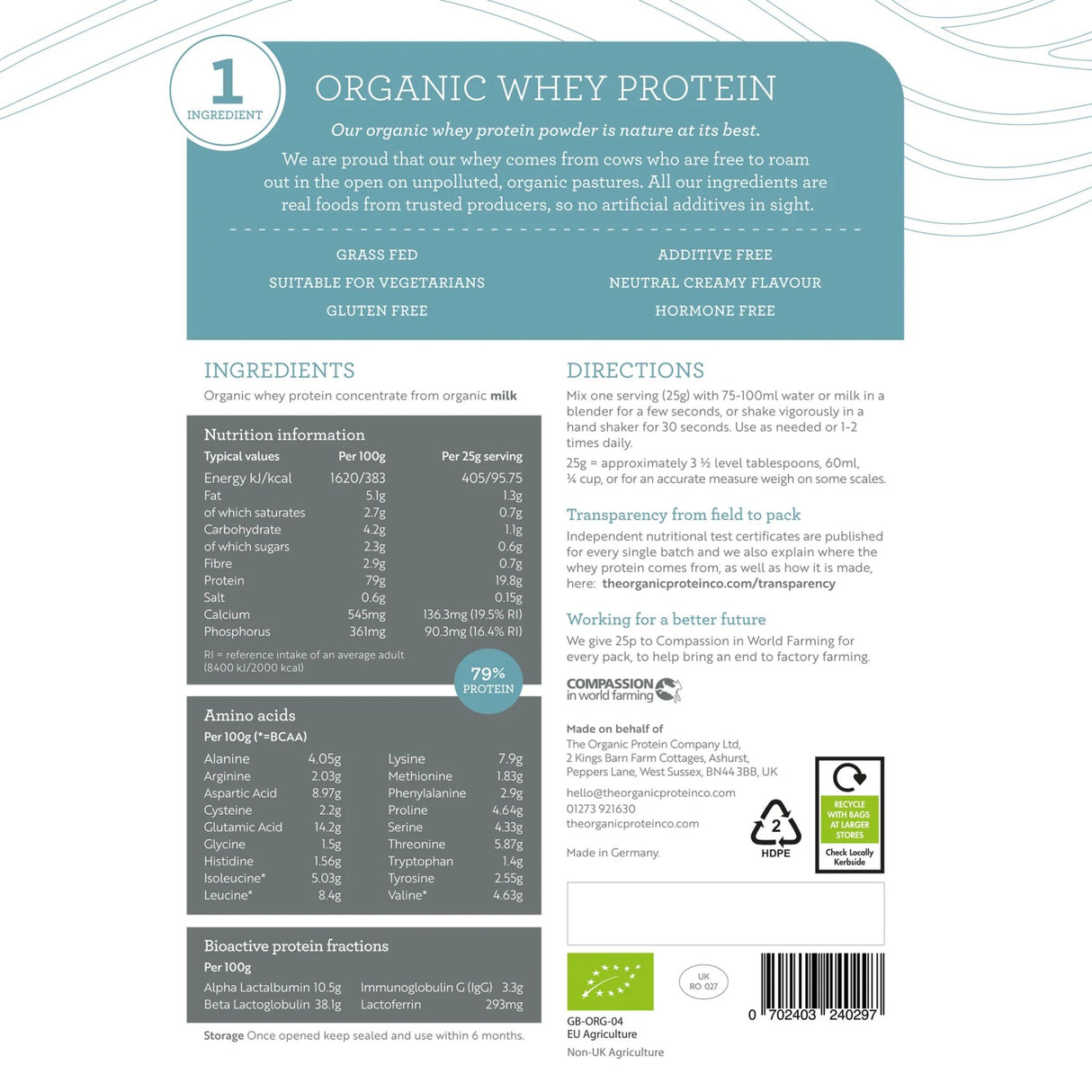 The Organic Protein Co Unflavoured Whey Protein 400g