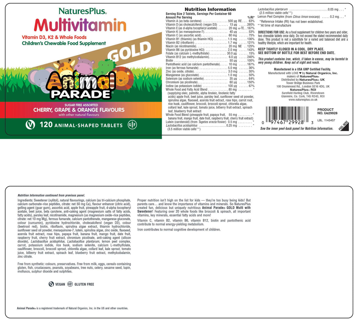 NaturesPlus Animal Parade GOLD Children’s Multivitamin 120 Chewable Tablets